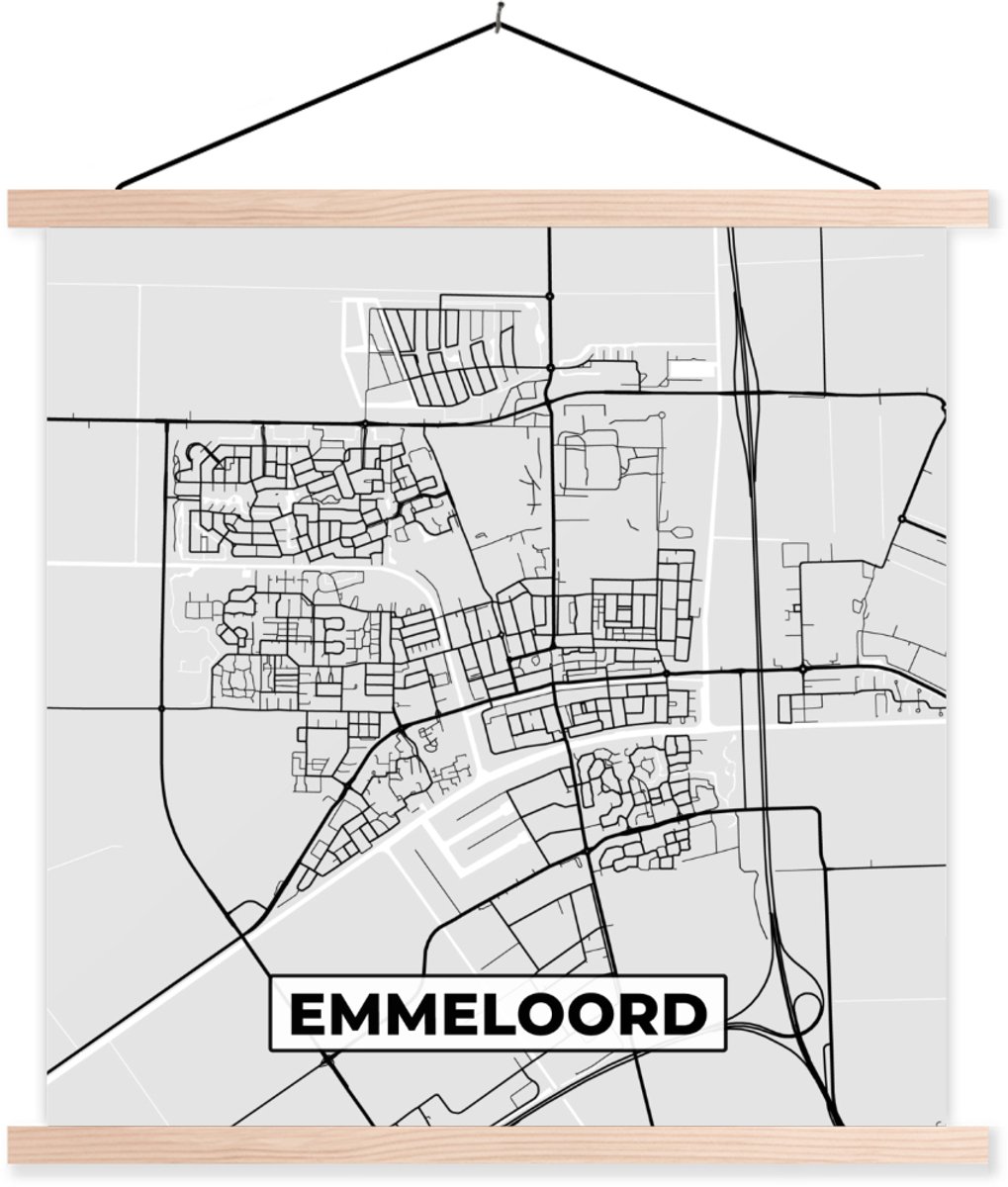 Posterhanger incl. Poster 60x60 cm - Schoolplaat - Stadskaart - Emmeloord - Grijs - Wit - Textielposter - Blanke latten