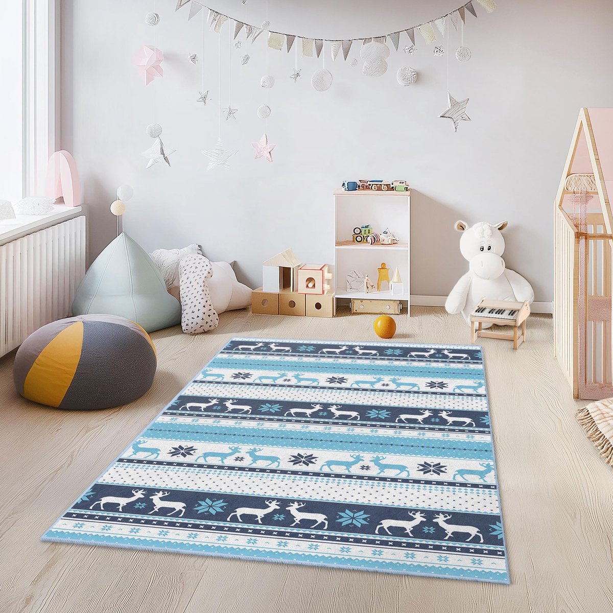 Mila Home Noordse Strepen - Kindertapijt Vloerkleed voor Kinderkamer - Wasbaar - Antislip - OEKO-TEX Gecertificeerd - Blauw Wit - 100x250 cm - (306 3)