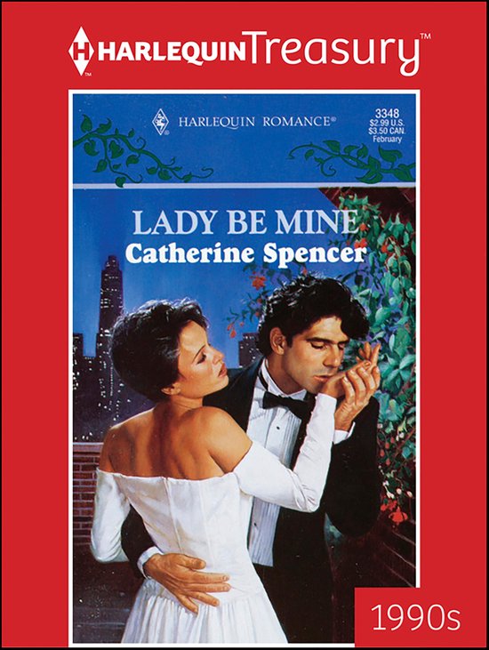 Cover van Harlequin Romance 'Lady Be Mine' met een stel in kleding uit de jaren '90, tegen een stadsachtergrond.