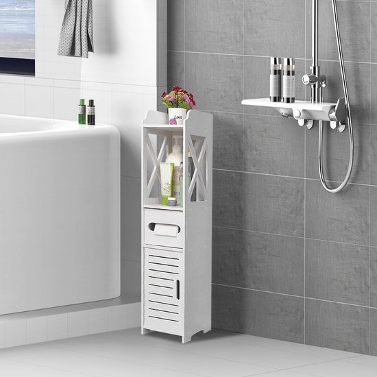 Badkamer Opbergkast met Deur en Planken – Smal Toiletmeubel