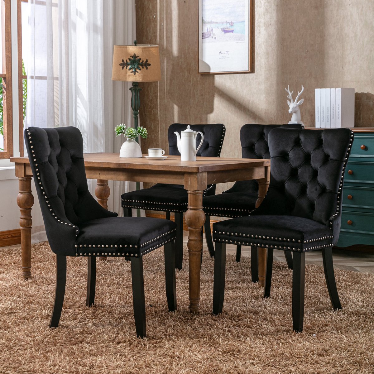 Clruro Collectie - Velvet Eetkamerstoelen Set van 2 - Houten Poten & Nailhead Trim - Zwart