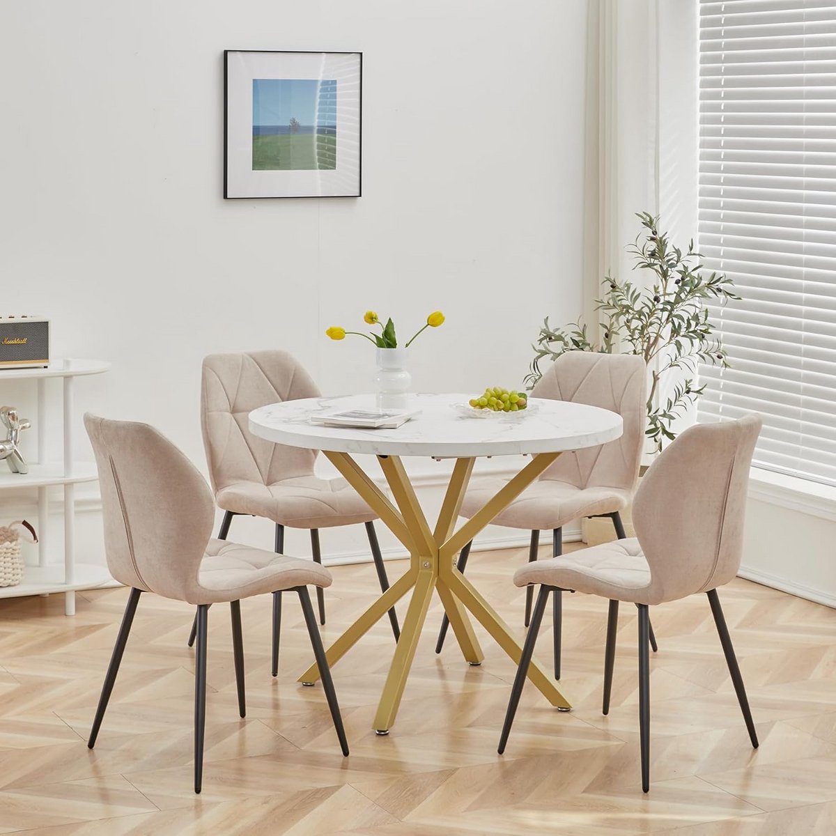 Ronde Eetkamerset 5-Delig: Eettafel 100 cm met 4 Comfortabele Stoelen