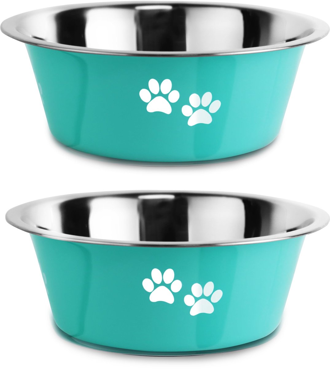 Set van 2 - Voerbakken - Voerbakken voor huisdieren - Roestvrij staal - Antislip rubberen voet - 21 cm - Bedrukt - Voerbak - Waterdispenser - Geschikt voor kleine, middelgrote en grote honden - 21 cm - 1450 ml - Blauwgroen