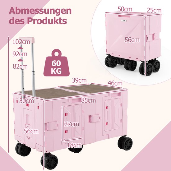 COSTWAY Bolderkar, opvouwbaar, handwagen met tafelblad, 2 opbergkisten, verstelbare handgreep en bekerhouders, 150 l, tuinwagen tot 60 kg belastbaar, transportwagen voor camping (roze) van Merkloos — afbeelding 5