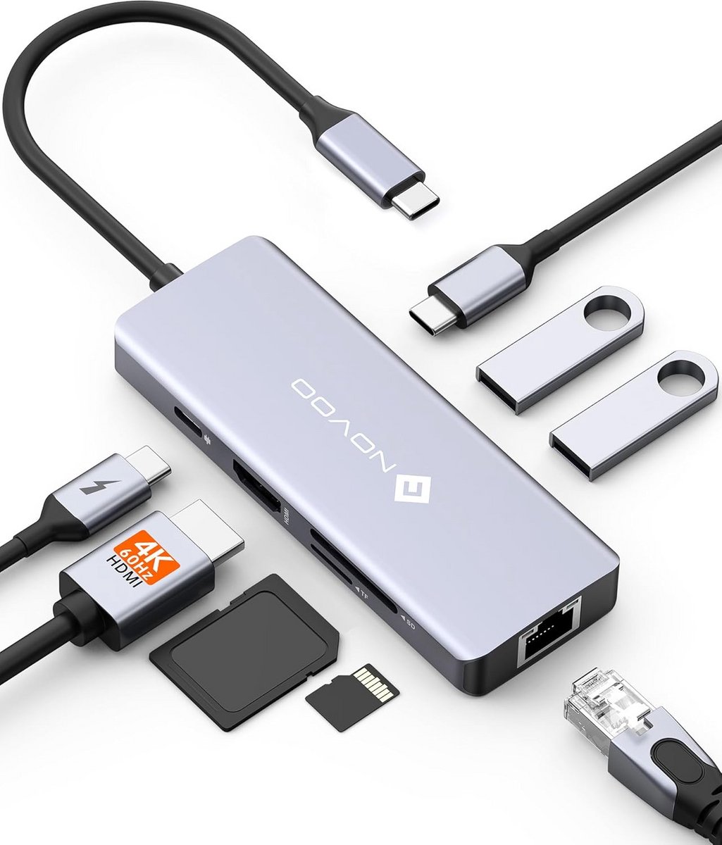 8-in-1 USB-C Hub met HDMI 4K, USB A, USB-C, PD 100W en Gigabit Ethernet
