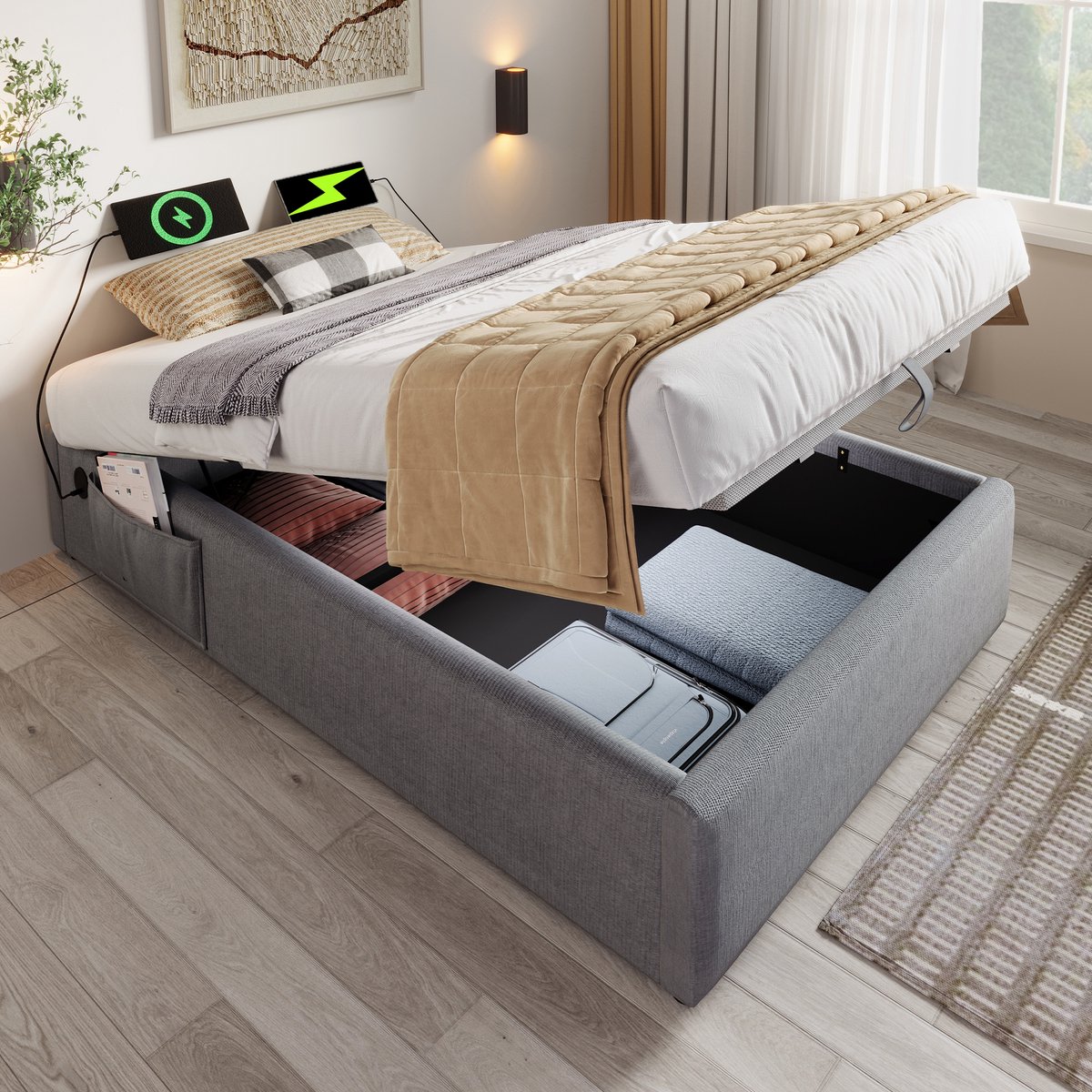 OKWISH Gestoffeerd Bed 90x200 cm - USB-C Oplaad en Massief Houten Bodemplaat - Hydraulische Opbergruimte - Zonder matras - Katoen-Linnen - Grijs