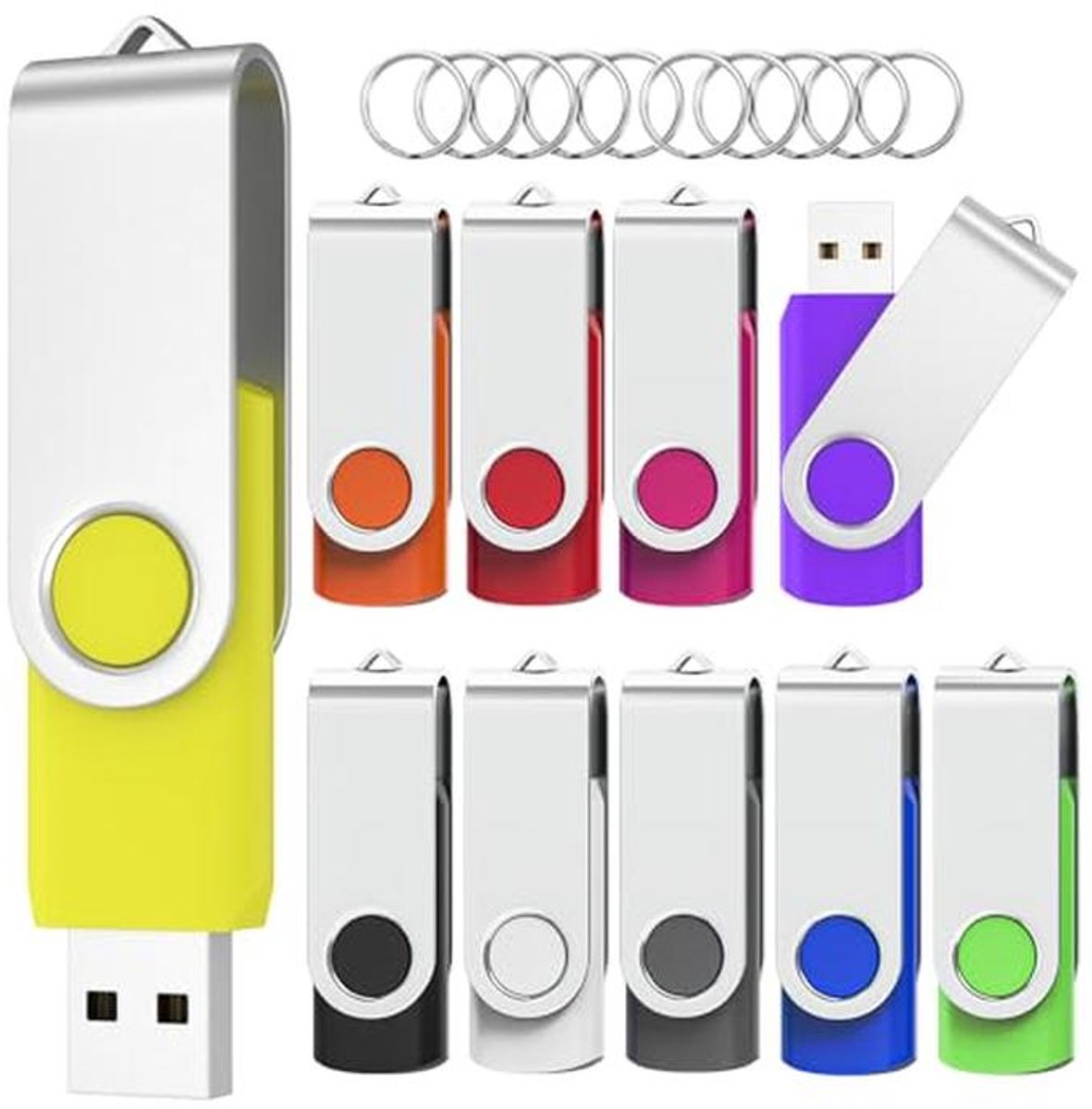 USB Stick 128MB 10-pack in 10 Kleuren - Draaibare Flash Drive Met Sleutelhanger