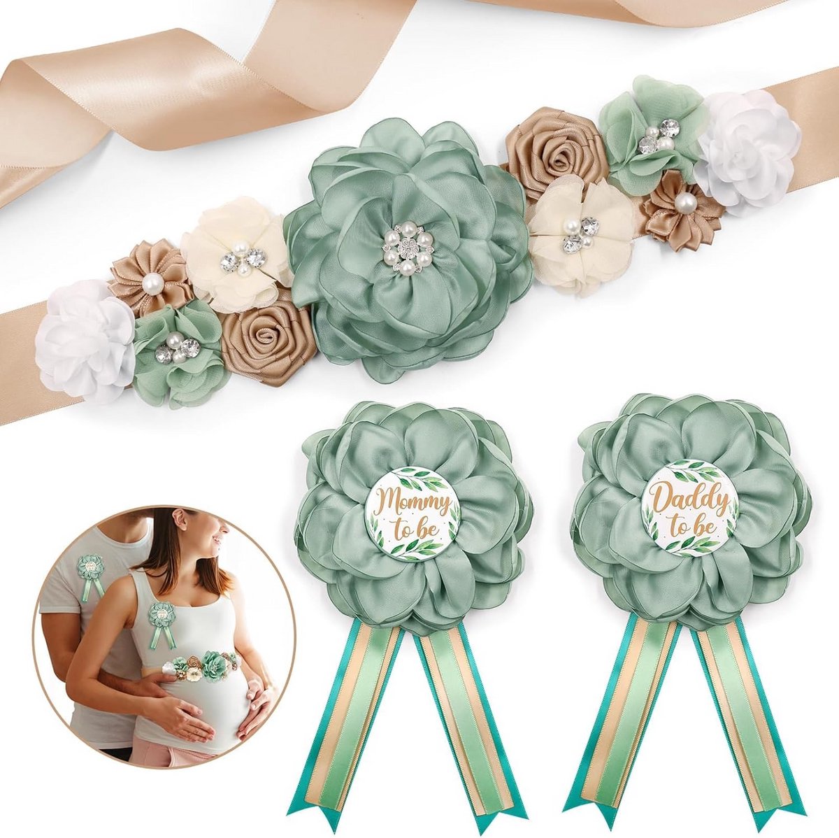 Moederschap Sjerp en Corsage Set voor een Groene Thema Baby Shower