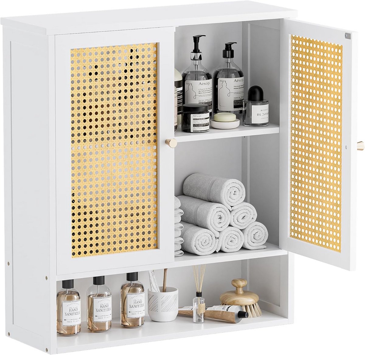 Wandkast Badkamer met Rotan Deuren - Ophangkast Boven Toilet - Spiegelkast met Plank en Op
