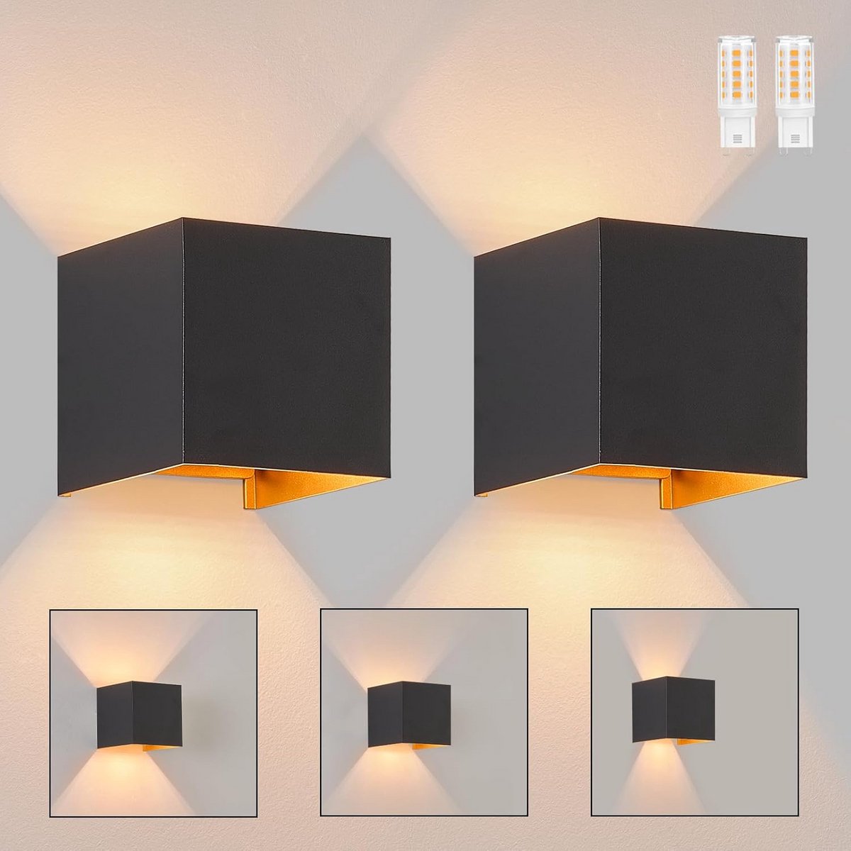 Set van 2 Zwarte LED Wandlampen voor Binnen en Buiten IP65 Up Down 3000K Warm Wit
