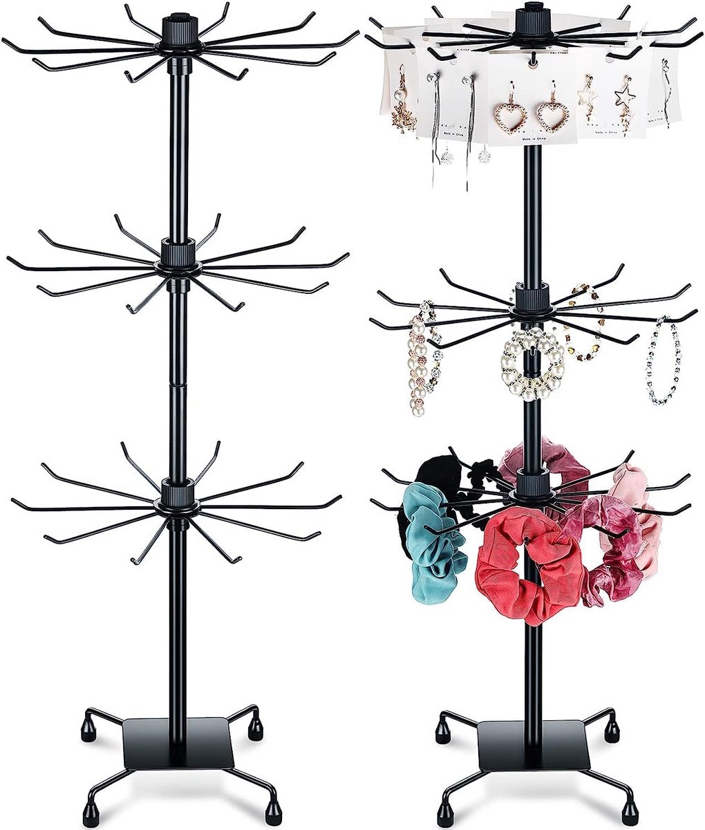 2x Roterende Sieraden Standaard 3 Lagen Verstelbaar Metalen Hanger voor Kettingen Oorbellen