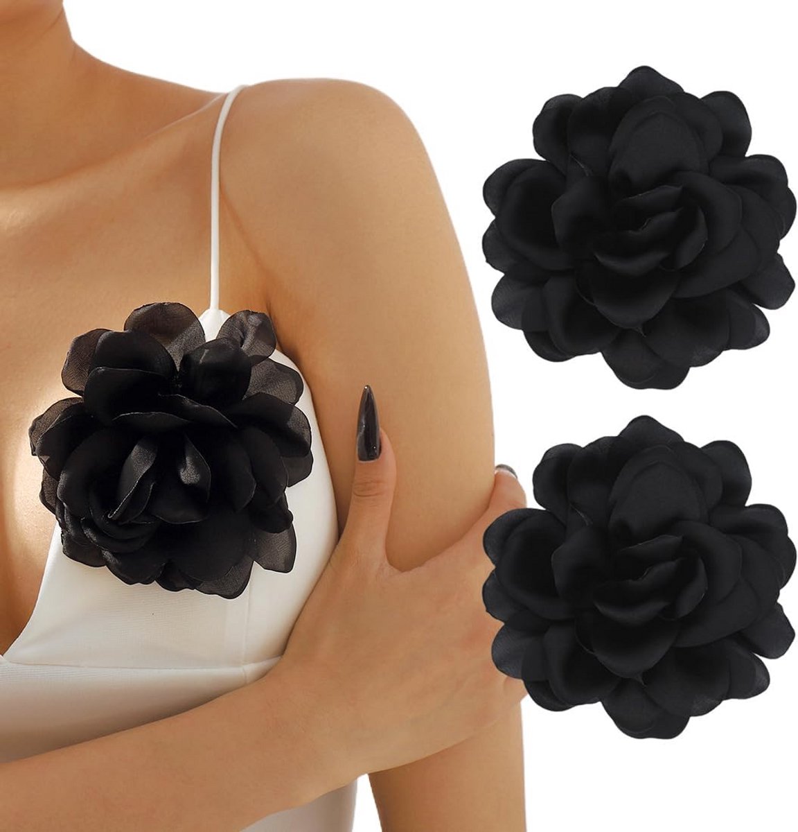 Set van 2 Grote Stoffen Bloemen Broches voor Dames - Zwarte Roos Speld