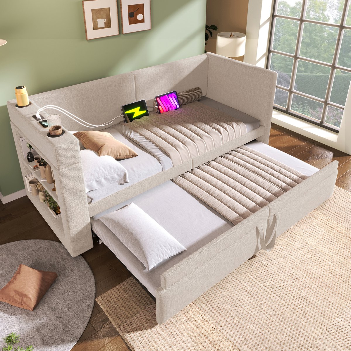 HAUSS SPOLE Gestoffeerd Daybed 90x200 cm - Uittrekbed met USB en Type-C Opladers - Bekerhouders en Opbergruimte - Katoen-linnen - Beige - zonder matras