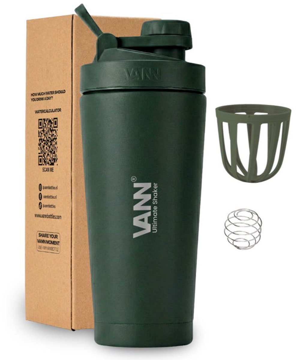 VANN® 3-wandige RVS shakebeker 750 ML - Premium Proteïne & Eiwit Shaker - ULTIMATE SHAKER™ - 12 uur koud - Donker groen