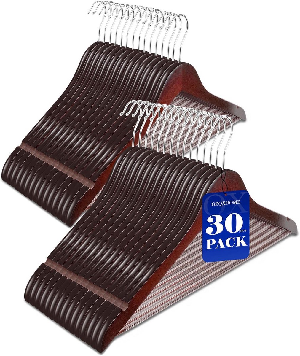 Luxe houten kledinghangers met draaibare haak en antislip broekstang (30 stuks)