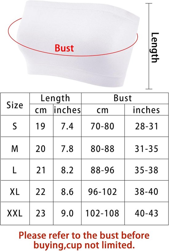 Maattabel voor strapless bandeau bh met buste- en lengtemetingen.