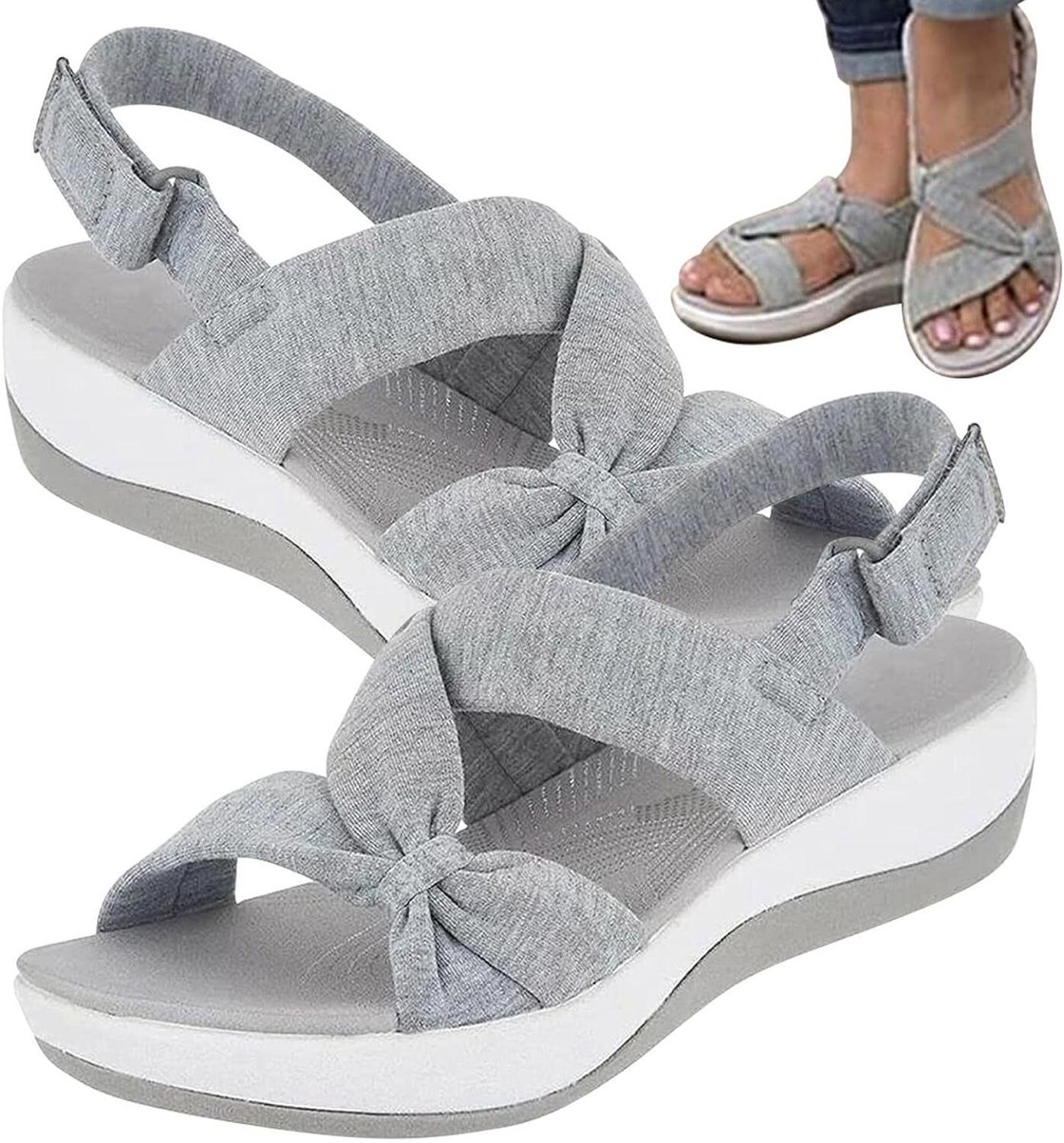 Vivva - Dames Sandalen - Grijs - Voetboogondersteuning - Klittenband - Verstelbaar - Orthopedisch - Maat 39/40 - AMALFI
