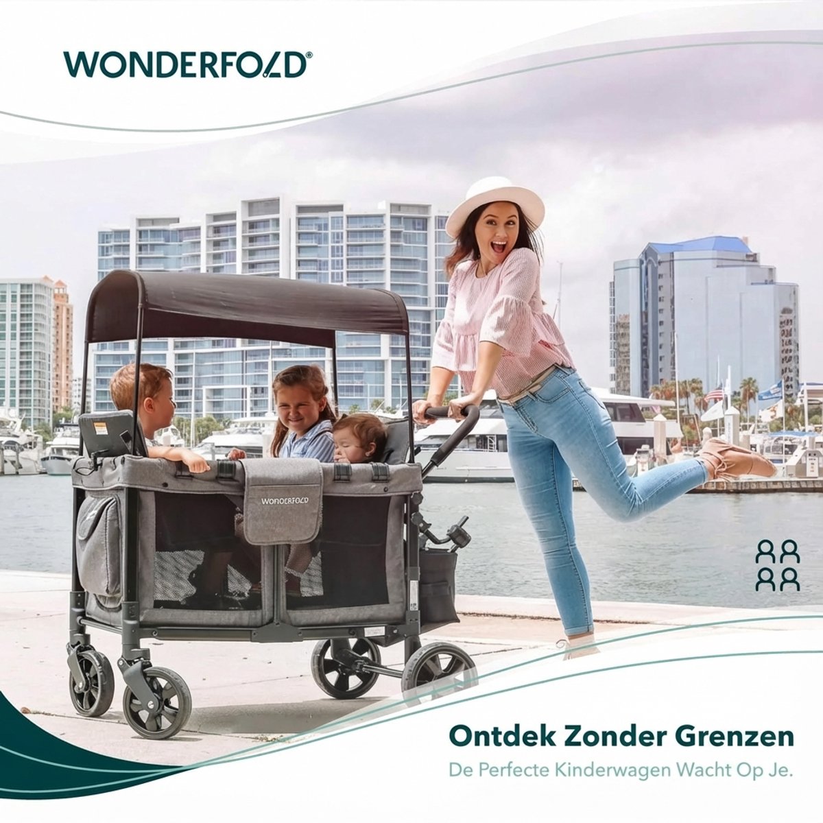 WonderFold W4 Bolderkar - Opvouwbaar - 4-zits Kinderwagen - Grijs - afbeelding 2