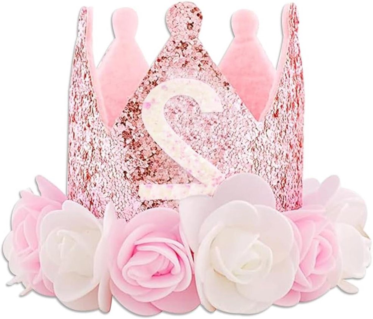 Ronte - Roze Prinsessen Verjaardagshoed voor 1 Jaar Oud Meisje - Feestelijke Kroon met Bloemen - Verjaardag Decoratie