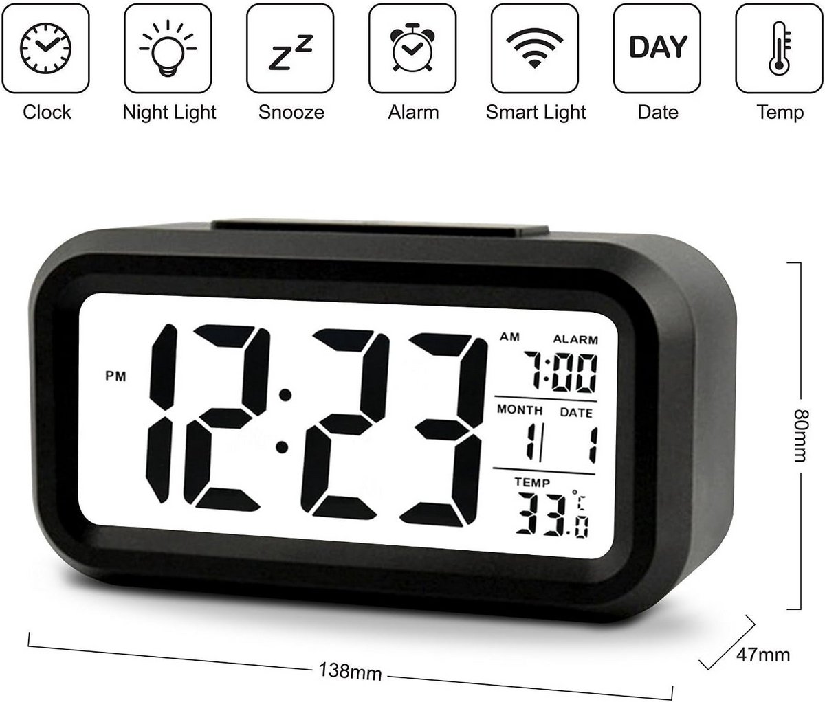Slimme digitale wekker met groot scherm, datum en temperatuur - 5,3 inch LED-alarmklok met snooze, lichtsensor en nachtverlichting