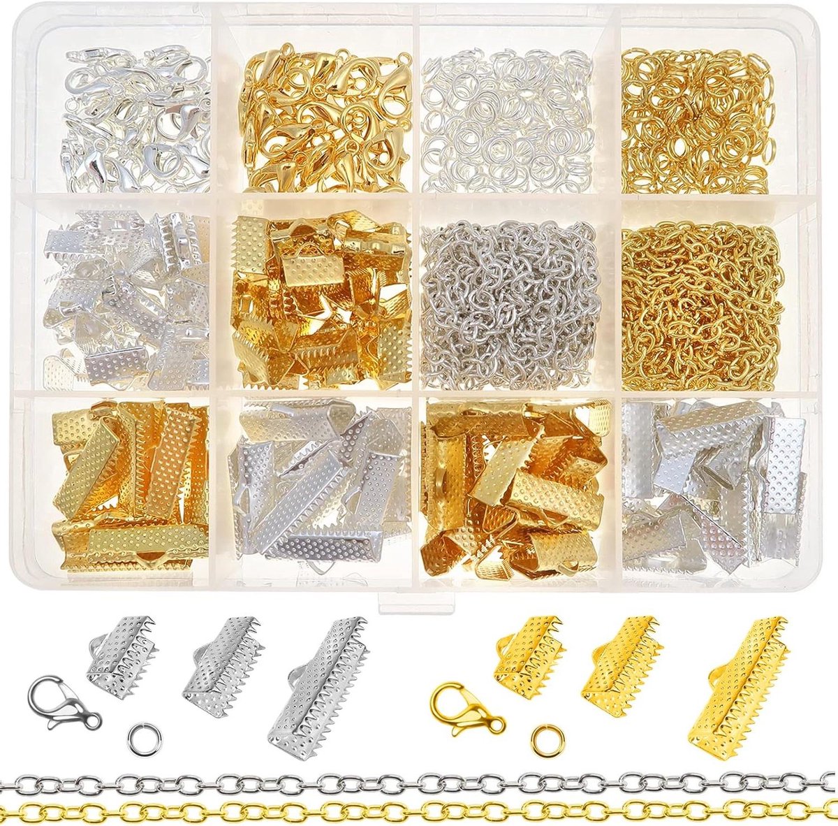 Ronte - Set van 498 Metaal Banduiteinden in Verschillende Maten voor Sieraden Maken - Inclusief Springringen en Karabijnsluiting - Zilvergoud Kleurig - Reparatie en Creatie Armbanden en Kettingen