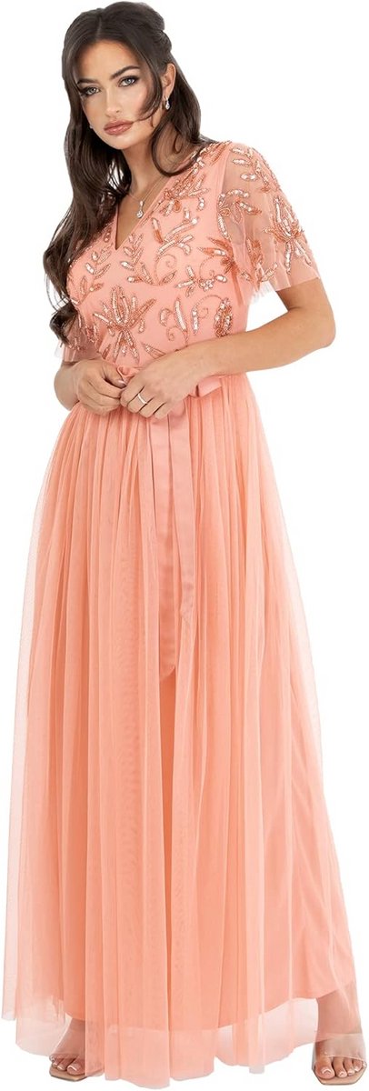 Maxi-jurk met V-hals en pailletten versiering in abrikoos blush
