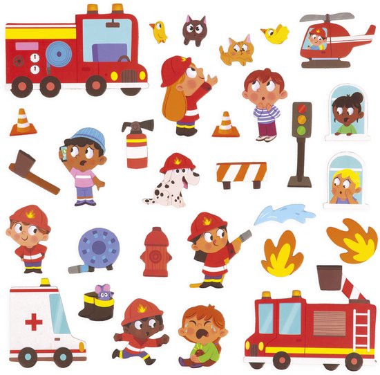 Collection d'aimants sur le thème des pompiers: camions de pompiers, ambulance, pompiers, animaux et plus.