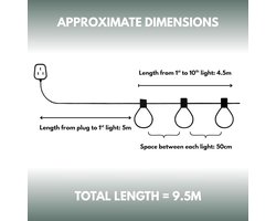 Lichtnet Aangedreven LED Lichtslinger 9,5m – 10 Lampen – 24V – Weerbestendig – Aansluitbaar – Timerfunctie – Voor Tuin, Terras, Balkon, Pergola – Perfect voor Feesten en Kerst