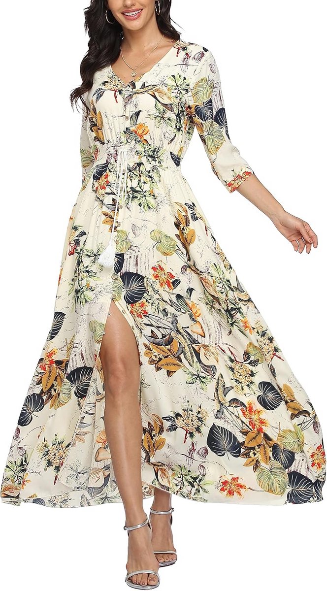 Dames Maxi Jurk Zomer Boho Viscose V-Hals Knoopsluiting Lente Mode
