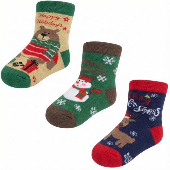 Fienosa Baby Sokjes Kerst Motief - 3 Paar - Beige - Blauw - Groen - Kerstcadeau