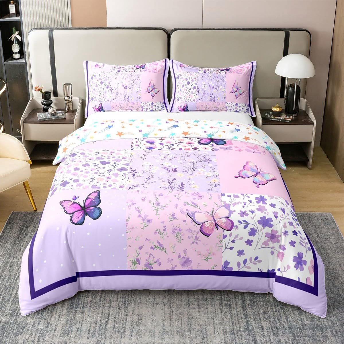 Ibenzoa Katoenen Dekbedovertrekset met Vlinders en Bloemen Motief voor Kinderen Lavender Purple