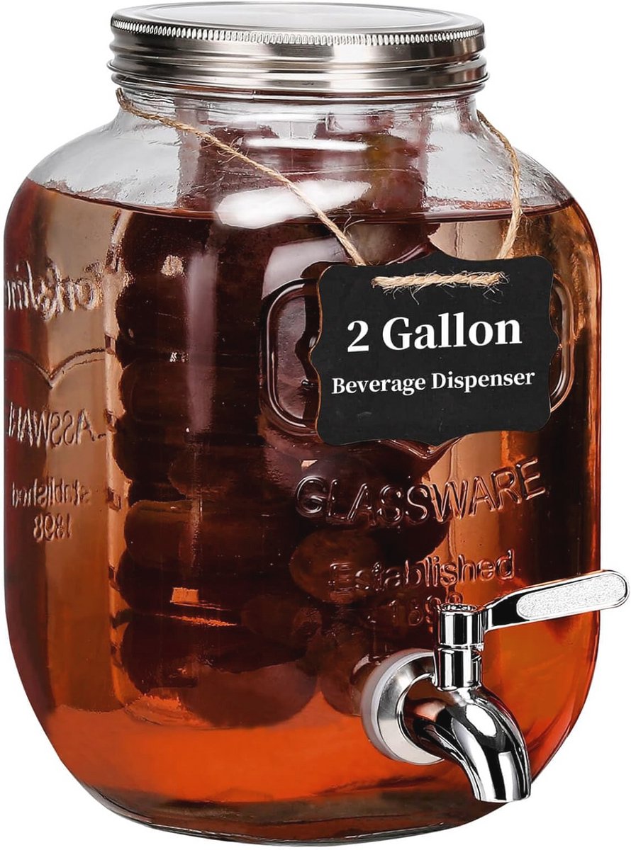 Drankdispenser 2 Gallon Glazen Pot met Roestvrijstalen Spon voor IJsdranken en Feesten