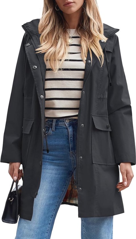 Dames lange regenjas met capuchon voor buiten regenjas windjack, marineblauw, M Dames lange regenjas met capuchon voor buiten regenjas windjack, marineblauw, M