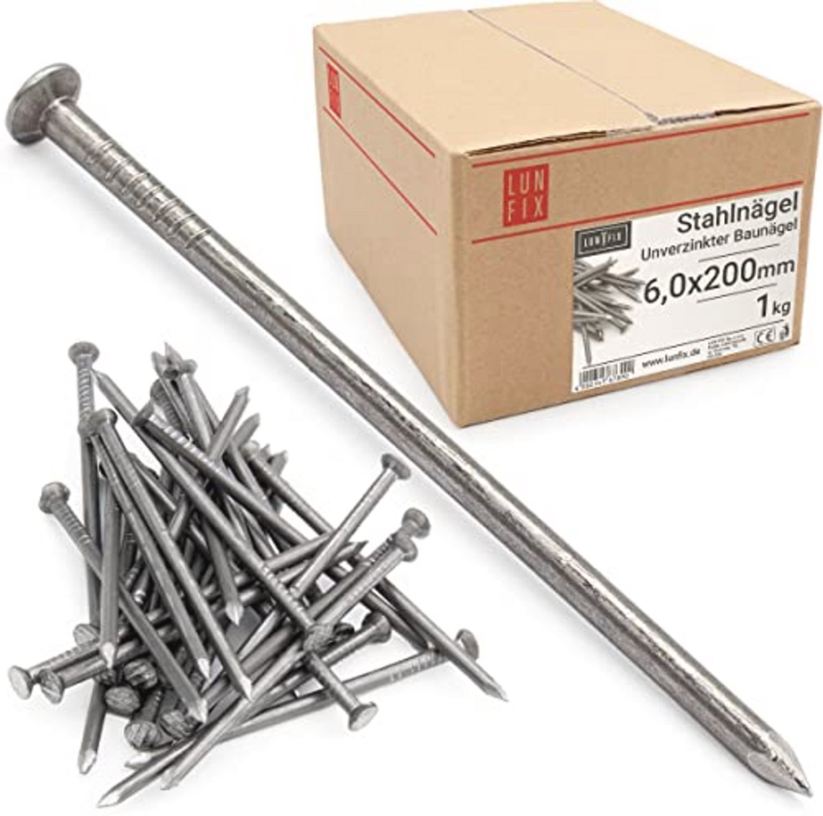 Stalen spijkers 6 x 200 mm - 1 kg | houten spijkers voor bouwwerkzaamheden | Onverzinkte baunnagels | Draadpennen met verzonken kop voor timmerwerk, DIY, en ambachten