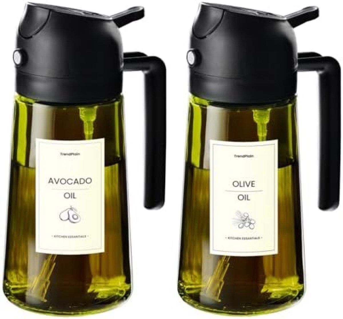 PromoHome Oliedispenser 470 ml, 2-in-1 Dispenser en Spray voor Olijfolie en Azijn, BPA-vrij, met Etiketten, Lichtbescherming, Geschikt voor Salades en Airfryer