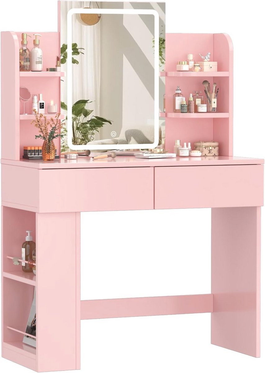 Moderne Kaptafel met Spiegel en Verlichting - Make-uptafel met 2 Laden en 4 Planken, Perfect voor Slaapkamer en Kleedkamer (Roze, 90 x 40 cm)