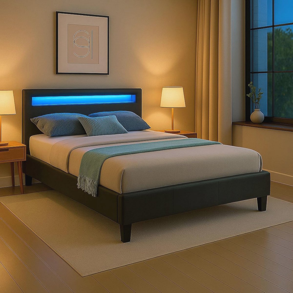 Gestoffeerd Eenpersoonsbed met LED Verlichting - Zwart, 120x200 cm, Inclusief Lattenbodem