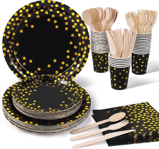 POPOYU 69 stuks wegwerp servies verjaardag goud, papier borden bekers, servetten, tafelkleed voor kerstfeest, kinderfeestje, serviesgoed, barbecue, vakantie, picknicks (16 gasten
