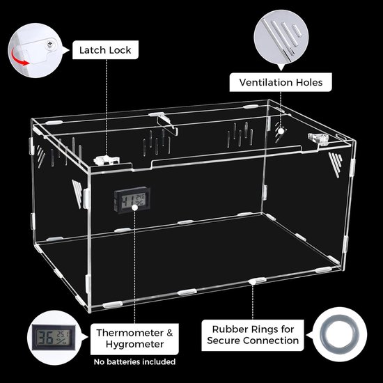 Homtone Acryl terrarium, 39 x 25 x 19 cm, slakkenterrarium met temperatuur, hygrometer, grote transparante voederbox, draagbare reptielenkweekbox voor gekko, kameleon