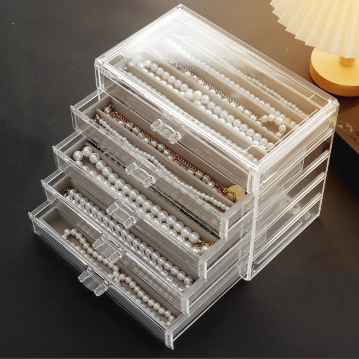 Halsketting Organizer Box met Fluwelen Dienblad - Acryl, Stofdicht, 5 Laden voor Vrouwen en Meisjes