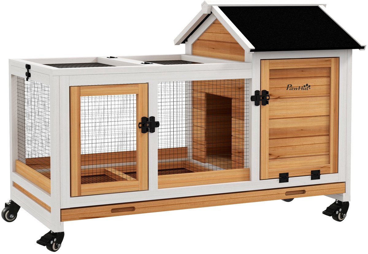 Merax Konijnenhok en Caviahok op Wielen - 108 x 58 x 73,5 cm - Houten Dierenhok met Huisje en Ren - Met Klepdeksel en Uitschuifbare Mestlade - Geel