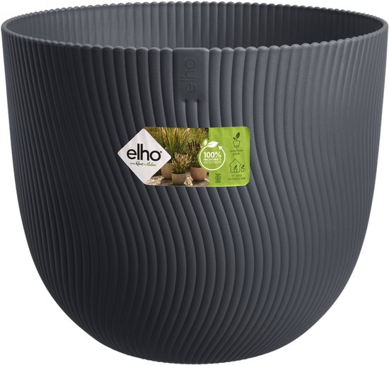 Antracietgrijze ronde bloempot met golvend ribbelpatroon en logo.