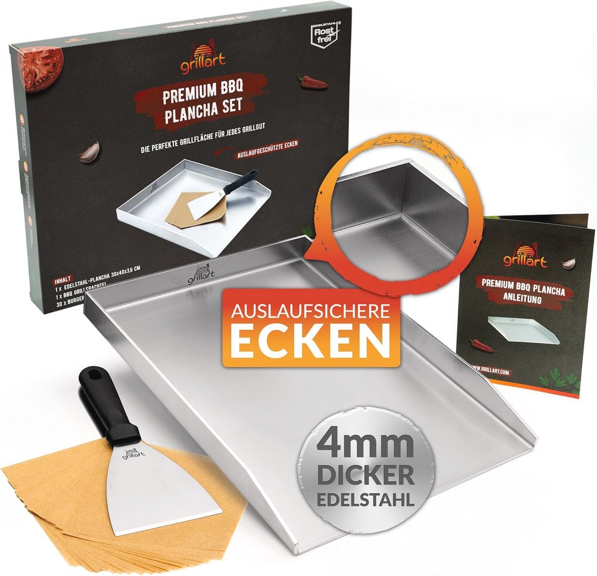 Premium Plancha Grillplaat 30 x 40 cm - Roestvrij Staal, Vaatwasmachinebestendig, Voor Inductie en Barbecue