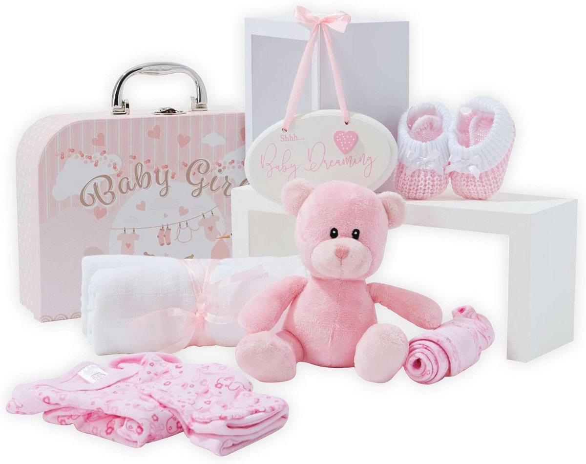 Gezellige Geschenkmand voor Babyfeestjes met Fleece, Handdoek, Baby kleding en Teddybeer - Perfecte Doopcadeaus