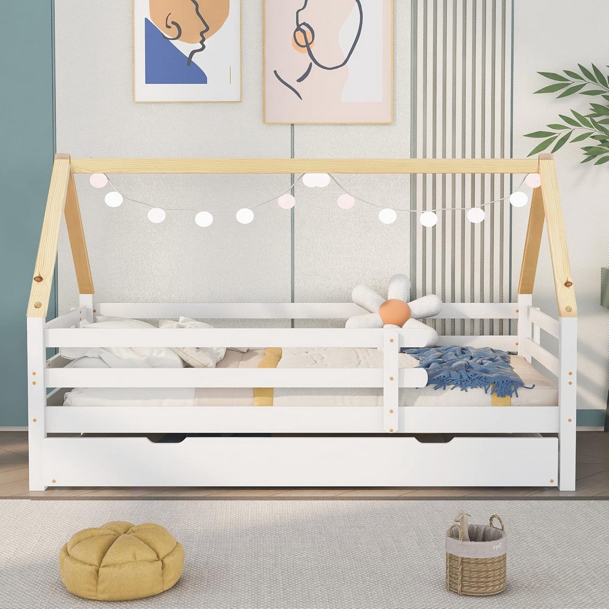 Eenpersoons boomhuisbed met uittrekbed en wieltjes - massief houten kinderbed (200x90cm)