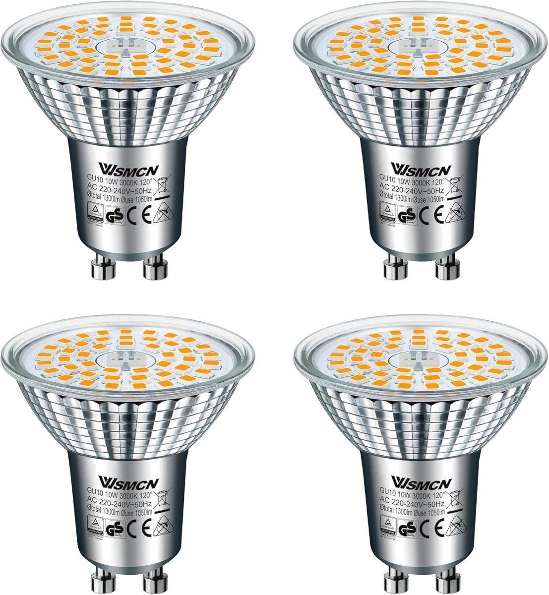 GU10 LED Warm Wit Lamp - 10W Vervangt 140W Halogeenlamp - 1050 Lumen - 3000K - Flikkervrij Spotlicht - 120° Stralingshoek - Niet Dimbaar - 4 Stuks