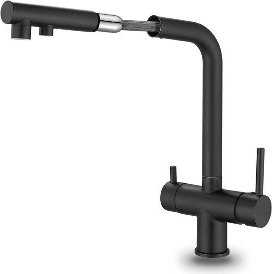 CREA 3-weg keukenkraan met douche, 3-weg waterkraan voor de keuken, uittrekbaar, 360° draaibaar, 3-weg mengkraan, eenhands drinkwaterkraan, 3 -in-1 wastafelarmatuur, 3-weg armatuur van roestvrij staal