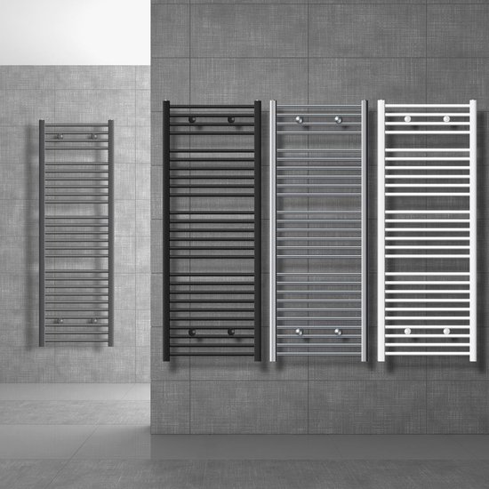 LuxeBath Badkamer Radiator IJzer EM 600x1400mm Antraciet Centreeraansluiting Aansluitset Thermostaat Universeel Hoek En Rechte Doorvoer Design Radiator Handdoekwarmer Handdoekdroger Handdoekradiator