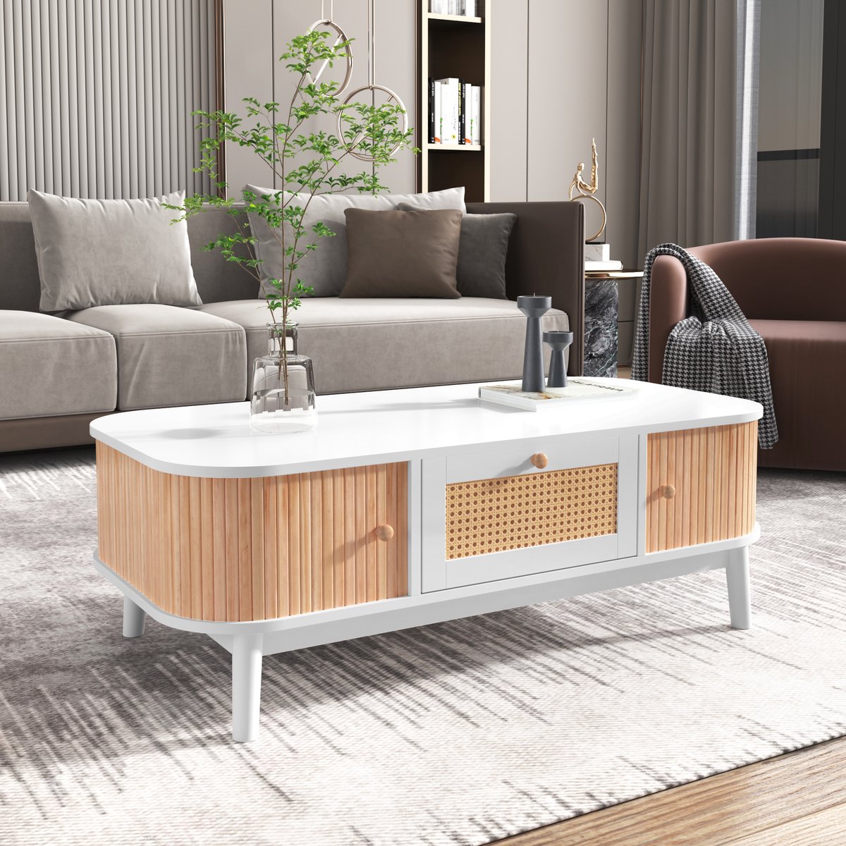 OKWISH Salontafels Koffietafel - Rechthoekige Salontafel Met Rattan Lade - Schuifdeuren En Massief Hout Poten - 110x55x38,5 cm - Massief Hout + Spaanplaat - Wit