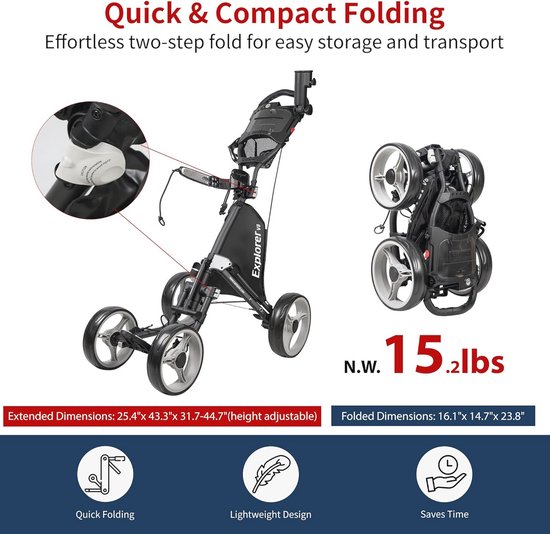 4-Wiel Golf Push Cart - Lichtgewicht en Verstelbaar van Merkloos — afbeelding 5